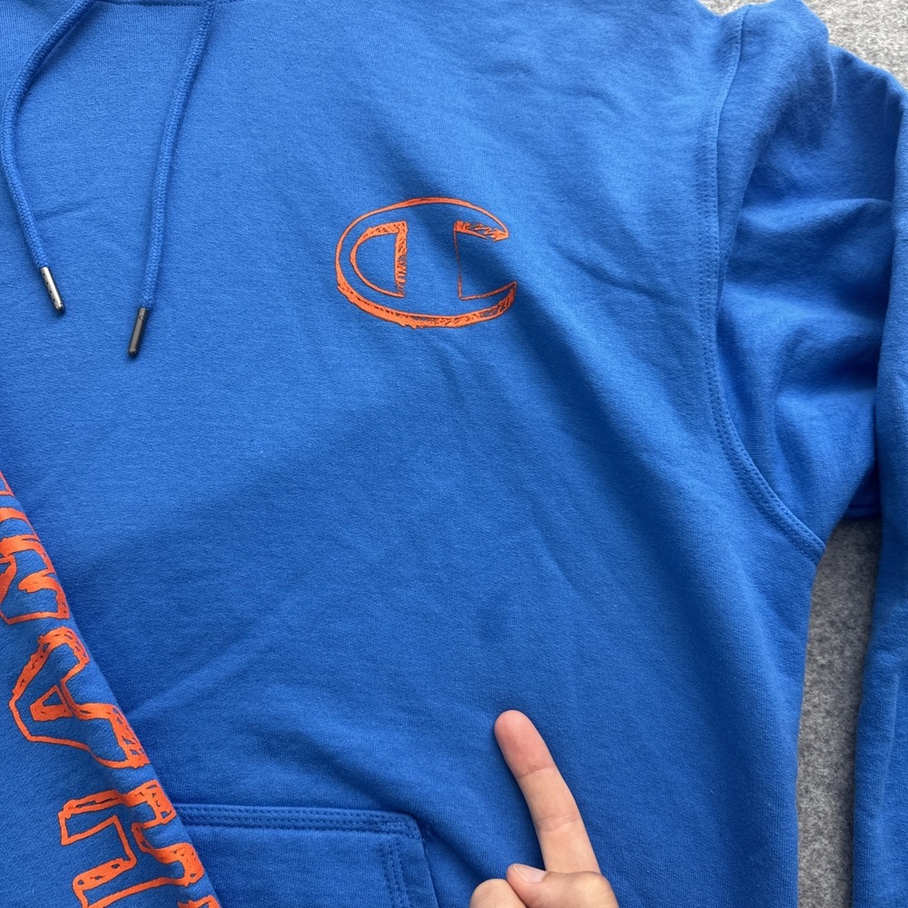 Champion Men's Blue Pullover Hoodie Size XL Graphic Print Logo Orange Highlights - Picture 2 of 12